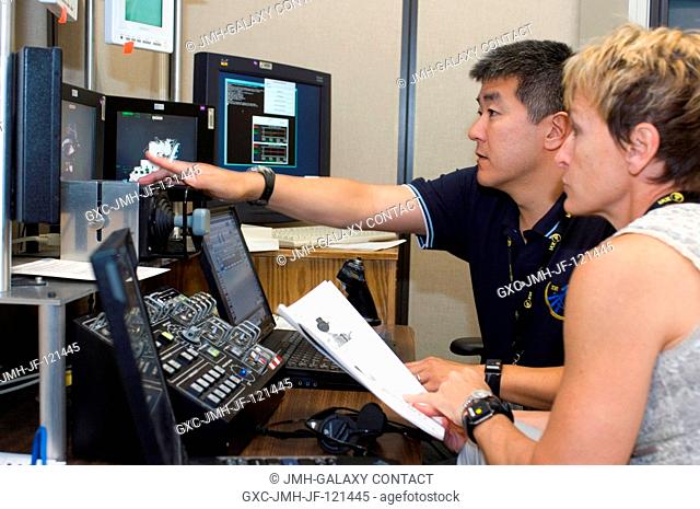 Astronauts Peggy Whitson, Expedition 16 commander; and Dan Tani, Expedition 1516 flight engineer, use the virtual reality lab at the Johnson Space Center to...