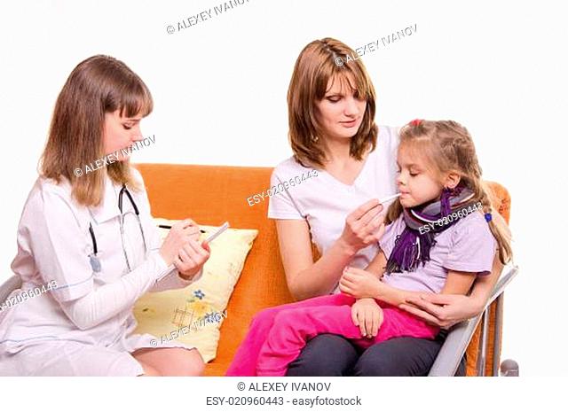 doctor writes a prescription for sick girl who sits at mum on hands