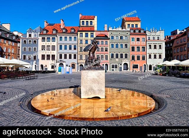 Old Town Market Square with Mermaid statue in city of Warsaw in Poland