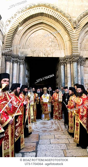 A Greek Orthodox ceremony outside the Church of the holy Sepulchre  Patriarch Theophilos III of Jerusalem standing in the center