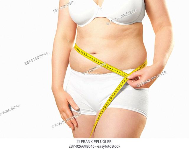 woman in underwear measuring her waist, no face