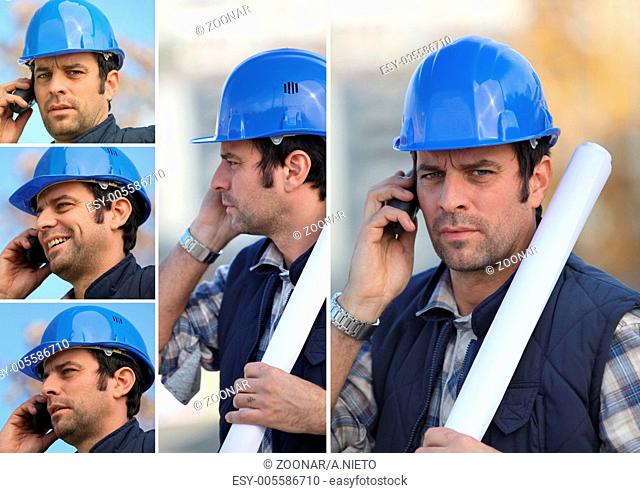 snapshots of young man with blue safety helmet on the phone