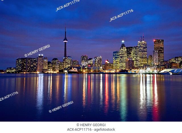View of Toronto skyline at night from 'The Docks', Toronto, Ontario, Canada