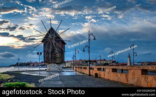 Nessebar, Bulgaria – 07.10.2019. Old windmill on the way to the ancient city of Nessebar in Bulgaria