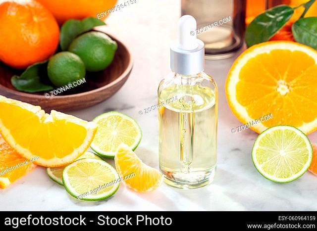 Citrus essential oil. Citrus oil fruit vitamin c serum oil beauty care, anti aging natural cosmetic. Skin care products