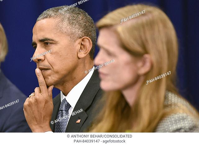 (L-R) United States President Barack Obama and Samantha Power, United States Ambassador to the United Nations, attend a bilateral meeting with Prime Minister...