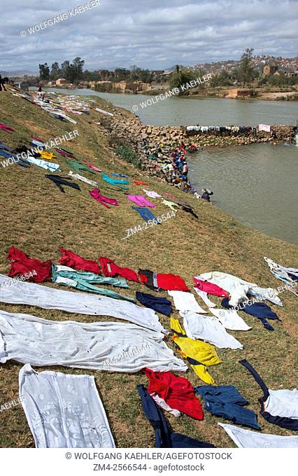 Laundry drying on riverbank on the outskirts of Antananarivo, the capital city of Madagascar