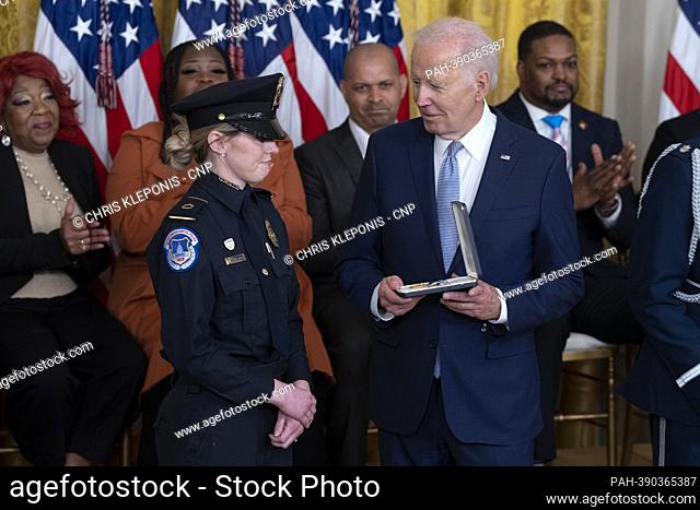 United States President Joe Biden presents the the Presidential Citizens Medal to Capitol Police Officer Caroline Edwards during a ceremony marking the the...