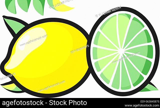illustrative image of lemon fruit with green leaf isolated. lemon juice, rind, and peel are used in a wide variety of foods and drinks