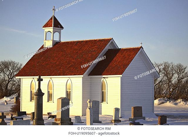 snow, white, front, gravestones, church, small
