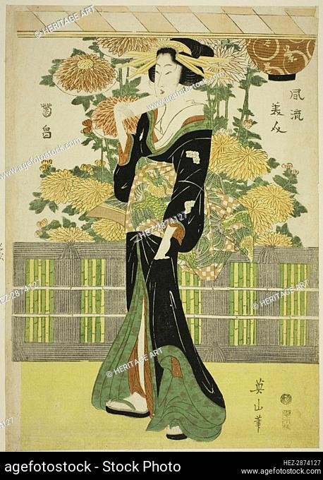 Fashionable Beauties in a Chrysanthemum Garden (Furyu bijin kikubatake), Japan, c. 1810. Creator: Kikukawa Eizan