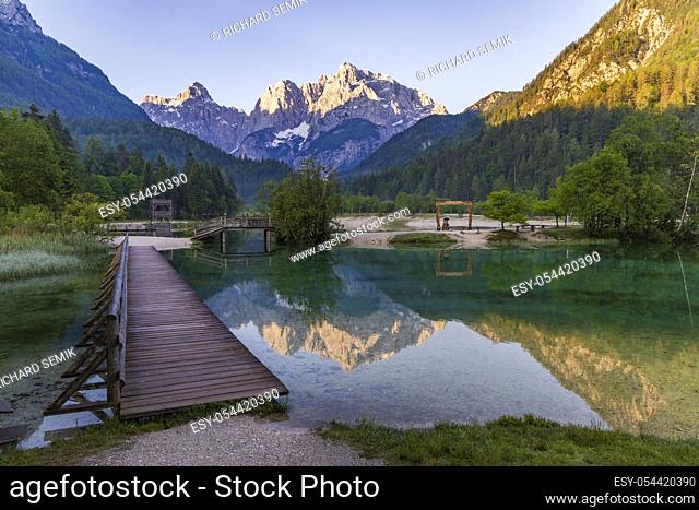 Lake and mountains near the village Kranjska Gora in Triglav national park, Slovenia