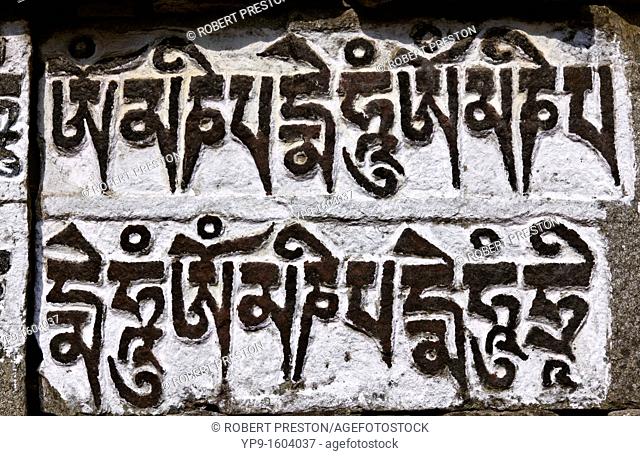 Detail of a carved mani stone in the Everest Region, Nepal