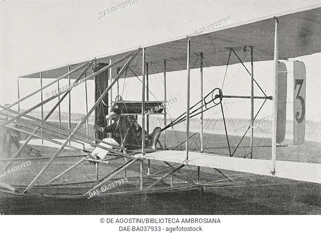 The pilot Mario Calderara (1879-1944) at the Aerial Circuit of Brescia leaving for the Oldofredi Prize, 1909, Italy, photo by Fiorilli