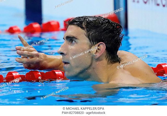Gold medalist Michael Phelps of the USA reacts after the Men's 200m Individual Medley Final of the Swimming events during the Rio 2016 Olympic Games at the...