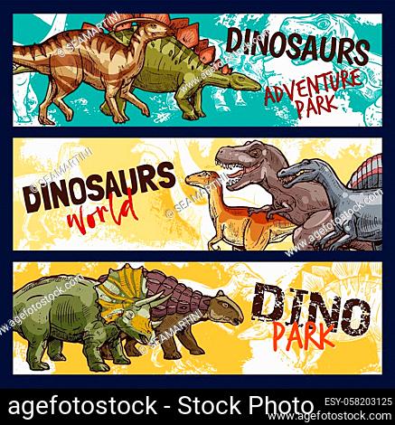 Dinosaur world banners for dino adventure park design. Jurassic monsters sketch with tyrannosaurus rex, stegosaurus and velociraptor, triceratops