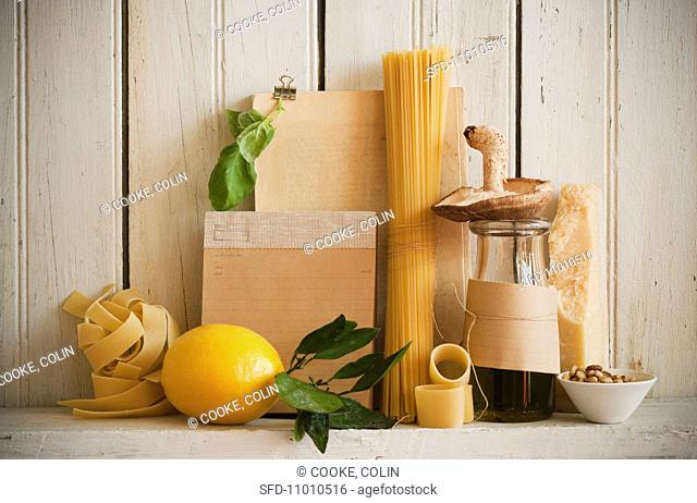 Assorted Pastas with a Variety of Ingredients on a Rustic Wooden Shelf