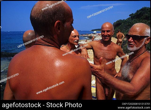 Croatia, Istria, Rovinj, 08.2004. Italian turists in gay beach in FKK Monsena resort. Photo CTK/Grzegorz Klatka