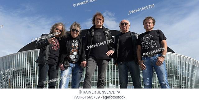 Members of the bands Puhdys: bass guitarist Peter Rasym (l-r), singer und guitarist Dieter Hertrampf, singer and frontman Dieter Birr