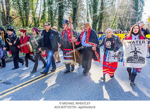 Indigenous Chiefs and elders lead Anti Kinder Morgan Pipeline March, Protect the Inlet, Kwekwecnewtxw, Burnaby BC, Canada