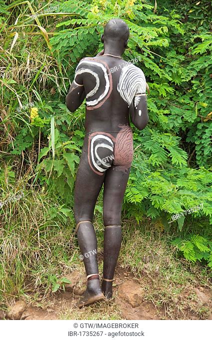 Surma man with body paintings on the back, Tulgit, Omo River Valley, Ethiopia, Africa