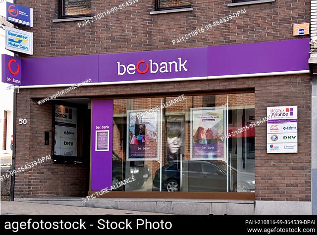 08 August 2021, Belgium, ---: Beobank lettering on a branch. Beo Bank is a Belgian bank owned by the French financial conglomerate Crédit Mutuel Nord Europe