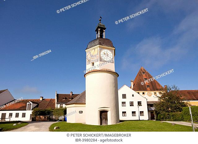 Clock tower in the sixth castle courtyard, Burghausen Castle, Burghausen, Bavaria, Germany