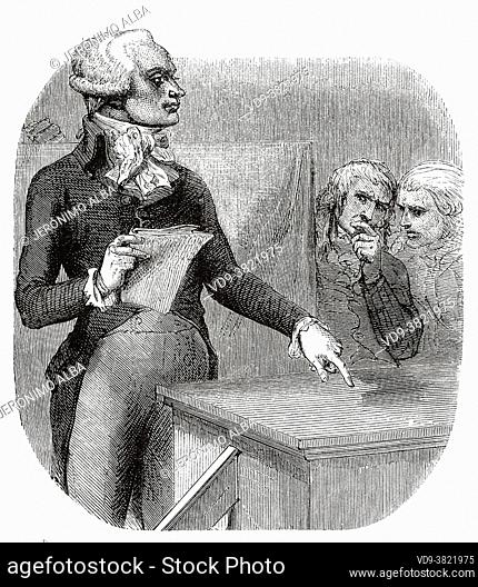 Portrait of Maximilian de Robespierre (1758-1794) in the rostrum on 8 Thermidor. France. Old 19th century engraved illustration from Histoire de la Revolution...