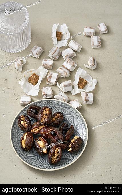 Tahini toffee and stuffed, baked dates