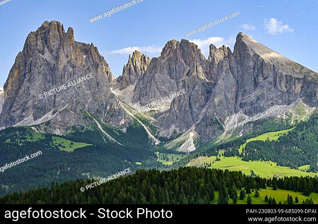 19 July 2023, Italy, Wolkenstein: View over the Alpe di Siusi in South Tyrol in the Dolomites to the mountain peaks Forcella del Sassolungo with Sassolungo