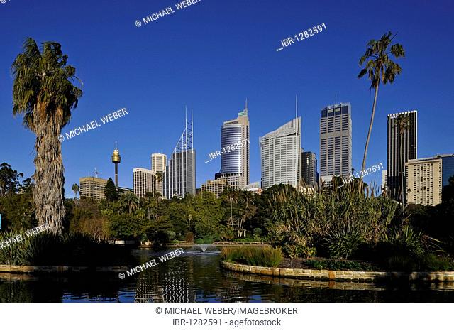 Sydney Tower or Centrepoint Tower, skyline of the Central Business District, Deutsche Bank, Royal Botanical Gardens, The Domain, Sydney, New South Wales