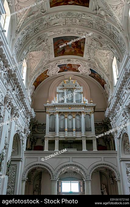 Vilnius, Lithuania - 30 August, 2021: interior view of the Church of Saint Peter and Saint Paul in Vilnius with the church organ