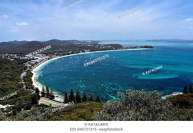 Shoal bay on a sunny day from Mount Tomaree Lookout (Central Coast, NSW, Australia)