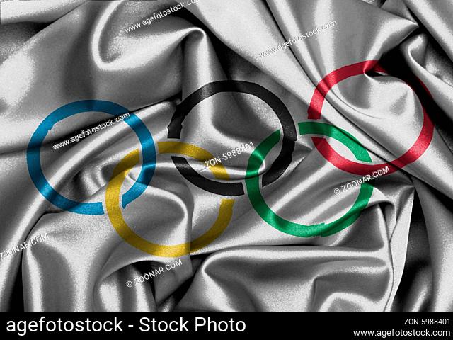 Satin flag with emblem, the olympic rings