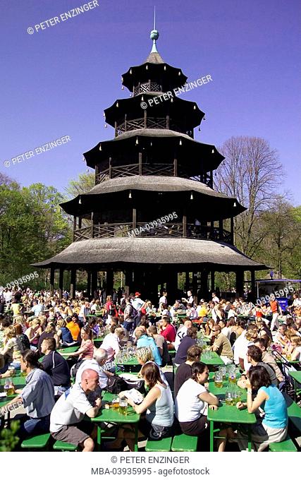 Germany, Upper Bavaria, Munich, Englischer Garten, Chinesischer Turm, beer garden, visitors, no models Bavaria, park, park, tower, release landmark, sight