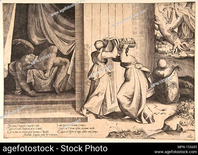 Judith passing the head of Holofernes to her maidservant, the decapitated Holofernes inside the tent at left. Artist: Giulio Bonasone (Italian