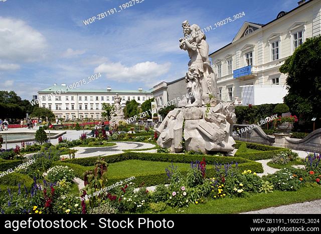 Austria, Salzburger Land, Salzburg, Mirabell Gardens, Statue & Flowers