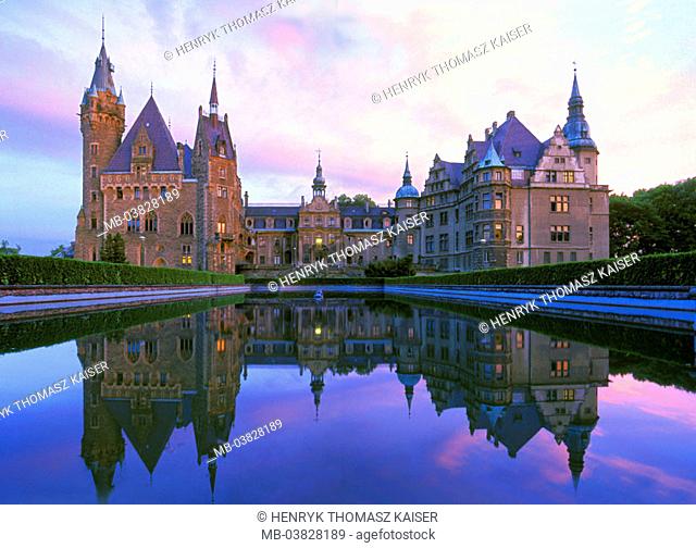 Poland, Moszna, palace, basin,  Reflection, water surface,  Dusk,  Europe, Eastern Europe, little MOSs, sight, culture, buildings, construction, architecture