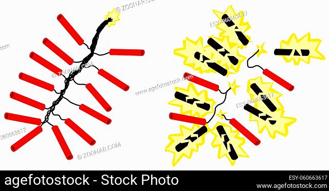 Firecrackers on string exploding, vector cartoon illustration design element horizontal, over white, isolated