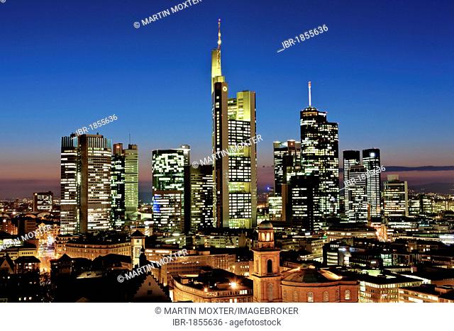 View of Frankfurt and its skyline, Commerzbank, Hessische Landesbank, Deutsche Bank, European Central Bank, Skyper building, Sparkasse, DZ Bank