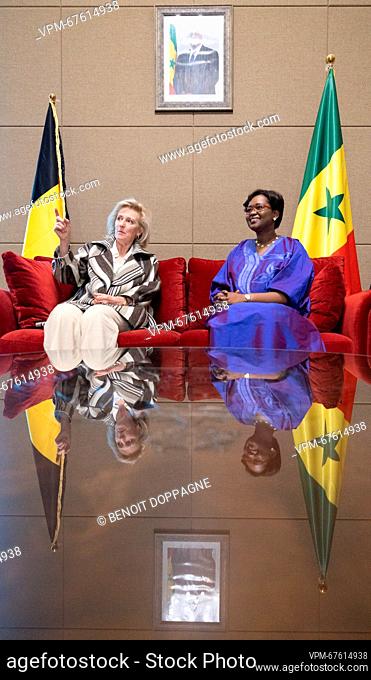 Princess Astrid of Belgium and Senegal Minister of Economy Oulimata Sarr meet at a welcoming ceremony at the airport in Dakar, Senegal