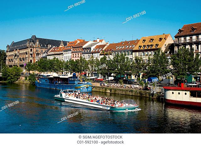 Tourist tour boat on Ill river, Strasbourg. Alsace, France