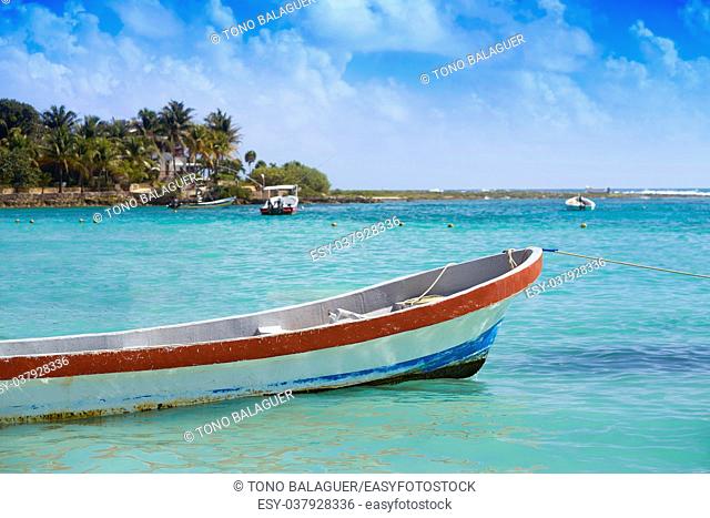 Akumal bay Caribbean beach boats in Riviera Maya of Mayan Mexico