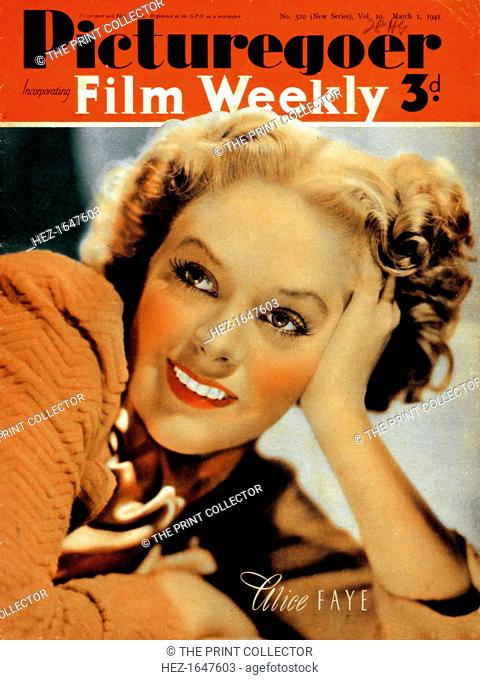 Alice Faye (1915-1998), American actress, 1941. From the front cover of Picturegoer magazine (1 March 1941). Cropping restrictions are in place