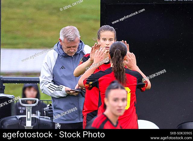 Zoe Van De Cloot (8) of Belgium is giving a high five to Luna Vanzeir (10) of Belgium during a friendly soccer game between the national women under 23 teams of...
