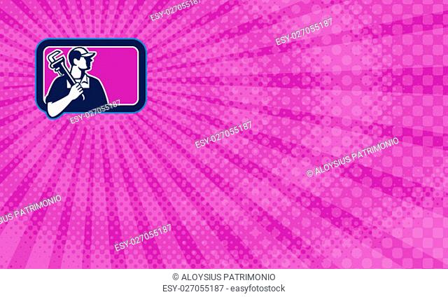 Business card showing Illustration of a plumber holding pipe wrench on shoulder looking to the side viewed from front set inside rectangle shape on done in...