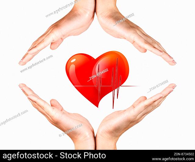 Red heart in woman hands . Protection concept