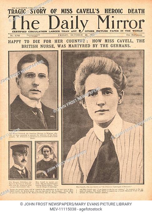 1915 front page Daily Mirror Execution of Nurse Edith Cavell
