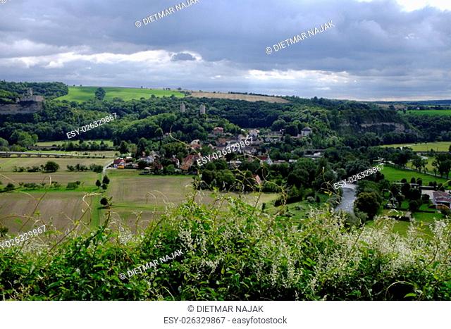 view over the saale valley to the rudelsburg and saaleck saaleck at the from heaven, to the romantic road, bad kosen, burgenlandkreis, sachsen-anhalt, germany