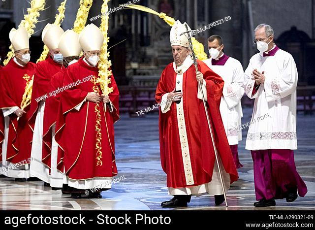 Pope Francis celebrates Palm Sunday mass at St. Peter's Basilica in the Vatican, ITALY-28-03-2021  Journalistic use only